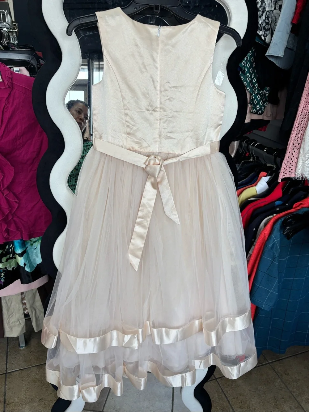 SUNNY FASHION Cream Satin & Tulle Bow-Accent Formal Dress for Girls